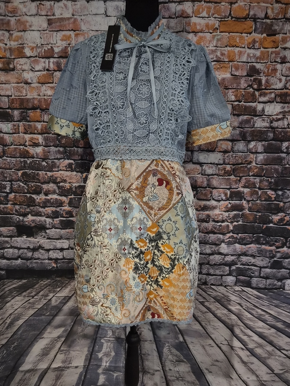 Lala Always Blue Lace Bodice Patchwork Mini Dress with Bow Neck